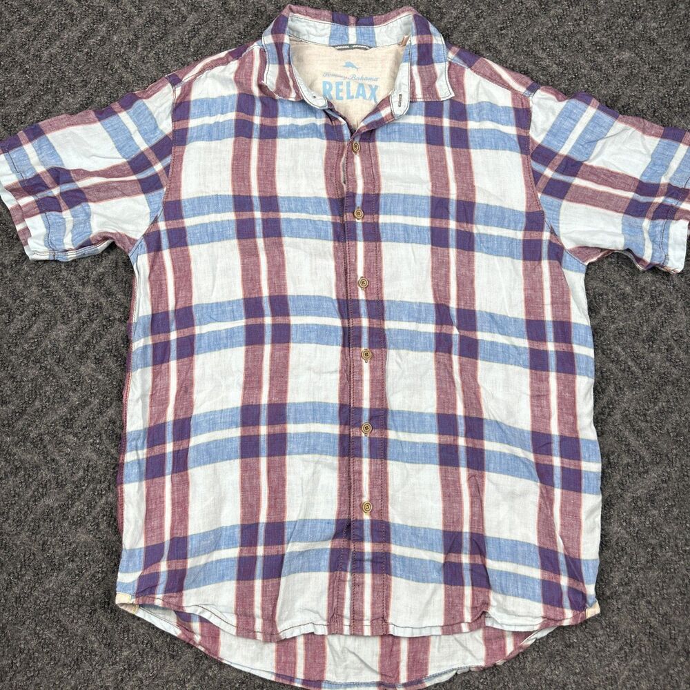 Tommy Bahama Linen Shirt Men’s Medium Blue Red Plaid Beach Vacation